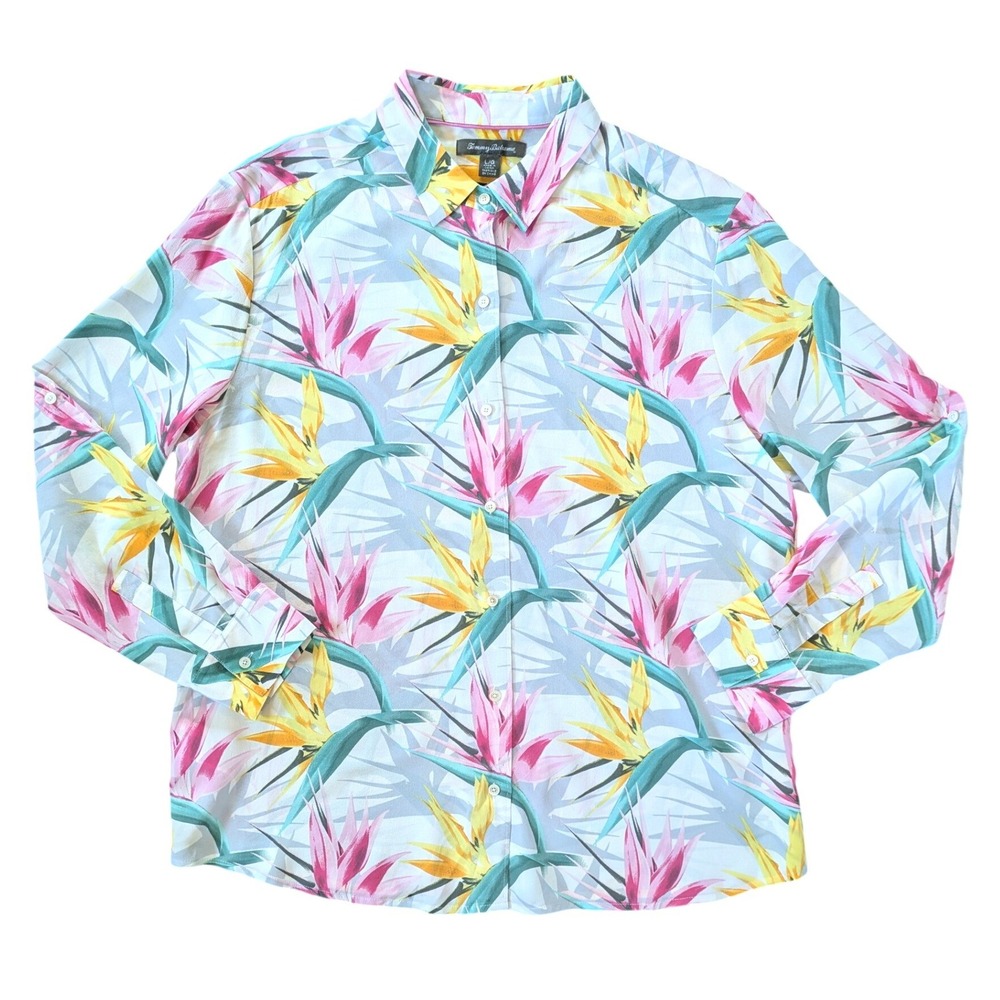 Tommy Bahama Womens Silk Bird of Paradise Floral Button Up Shirt white Pink L